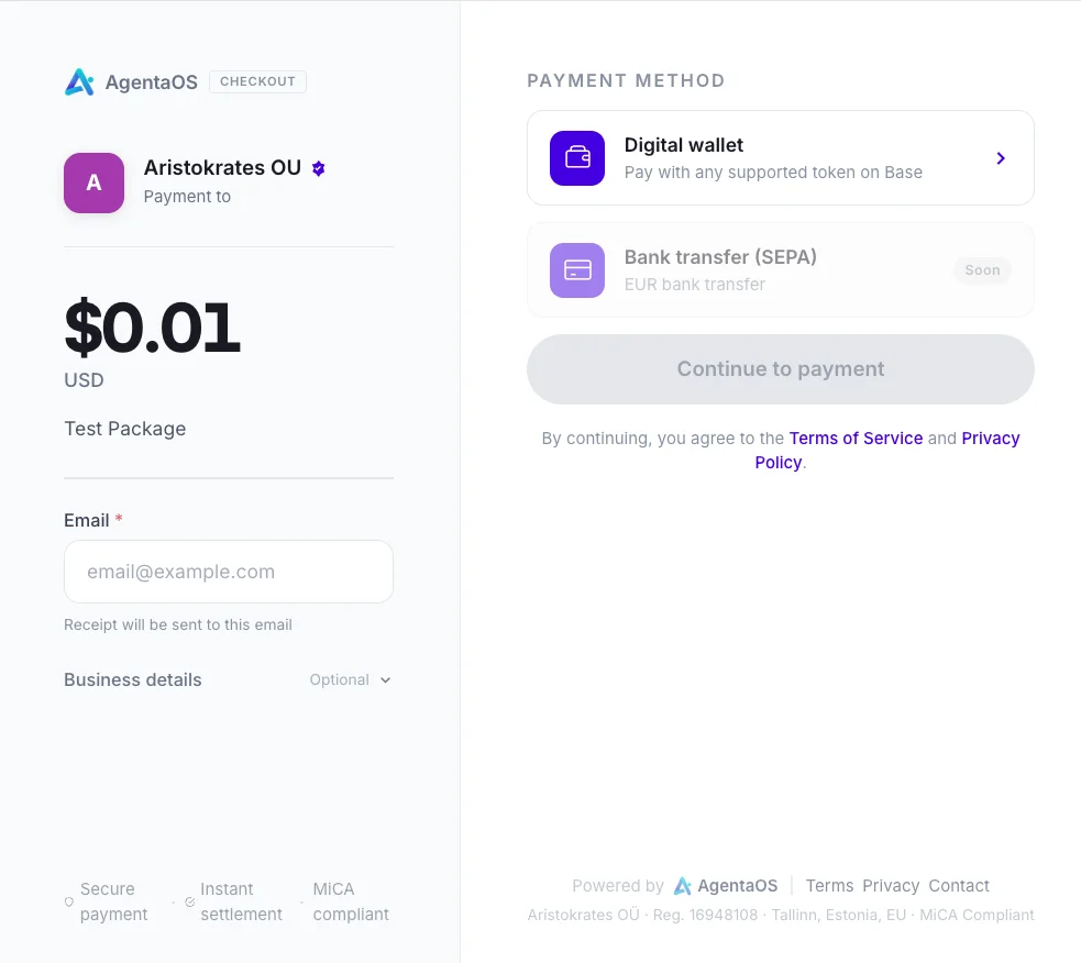 AgentaOS checkout, choose payment method