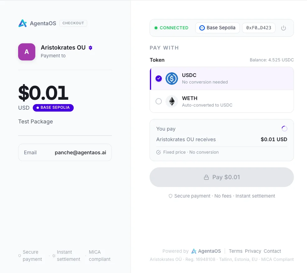 AgentaOS checkout, pay with token