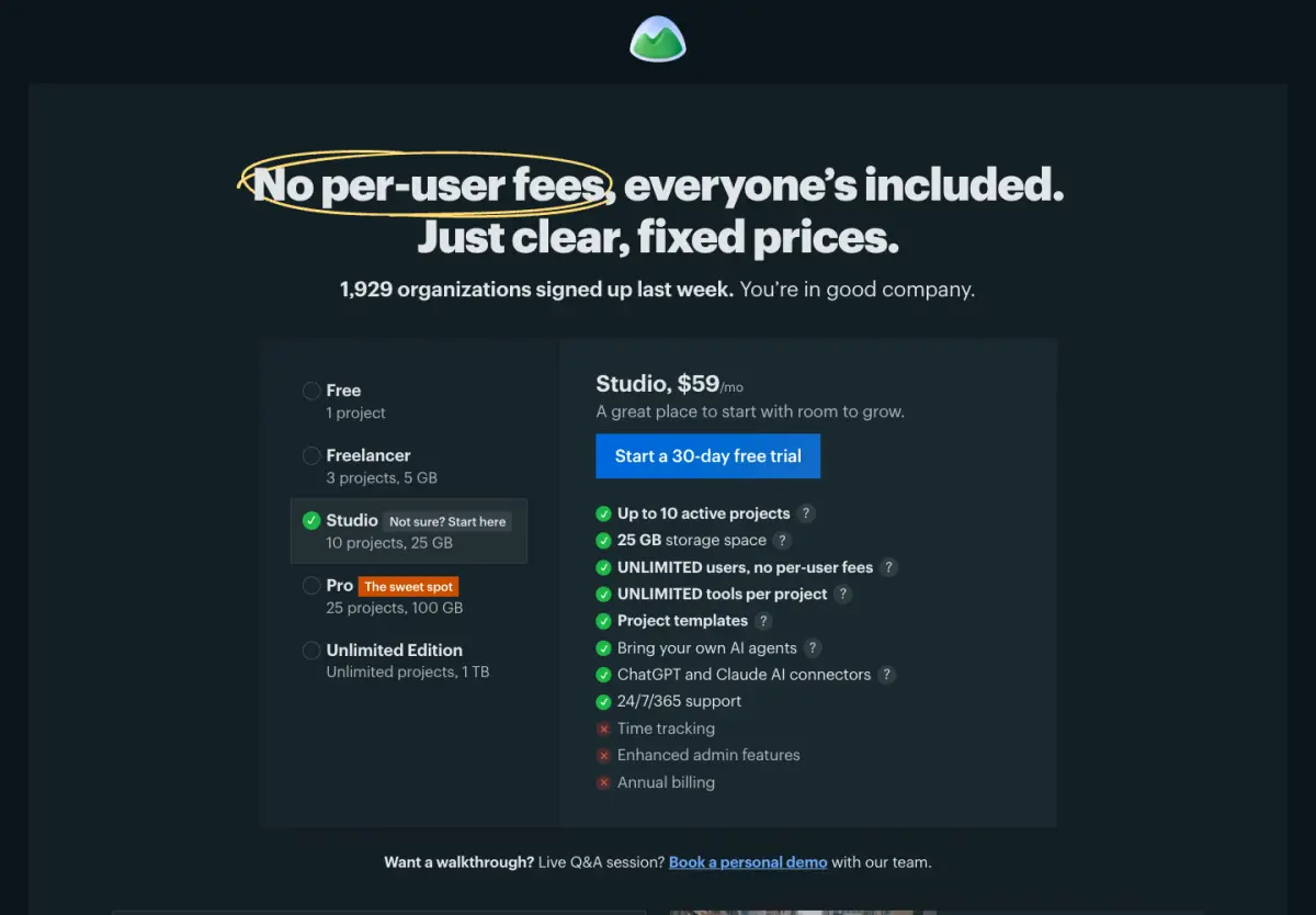 Basecamp pricing page, top of the page, 14 October 2026