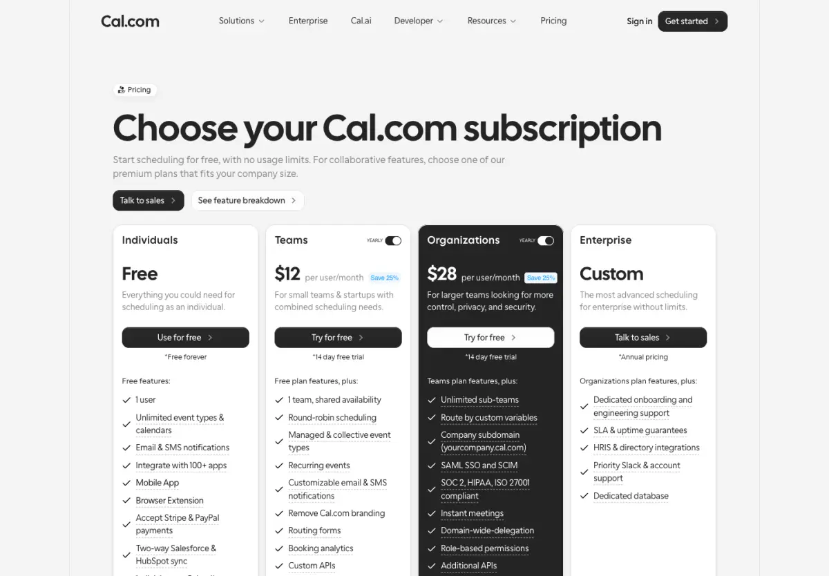 Cal.com pricing page, top of the page, 14 October 2026