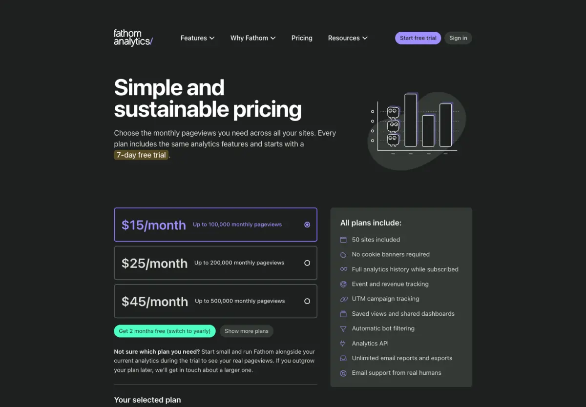Fathom Analytics pricing page, top of the page, 14 October 2026