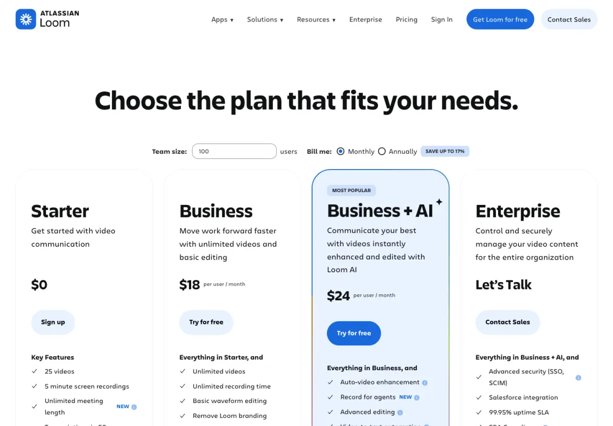 Loom pricing page, top of the page, 14 October 2026