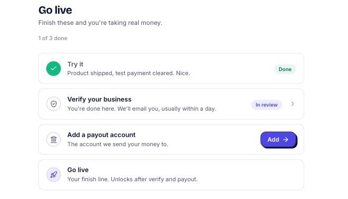 The AgentaOS go-live checklist: try a test payment, verify your business, add a payout account, go live