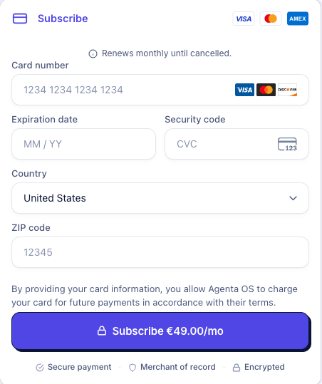 The AgentaOS checkout: subscribing to Draftly Pro for 49 euro a month, paid by card, with AgentaOS as the merchant of record