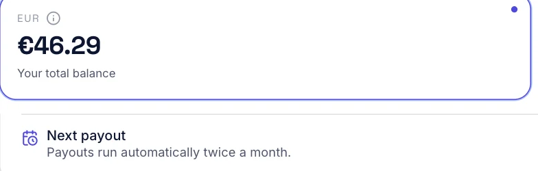 A real AgentaOS balance with the next payout scheduled